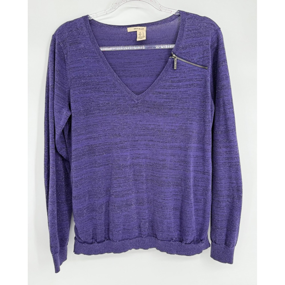 DKNY Jeans Womens Purple Metallic Space Dye V-Neck Zipper Accent Sweater Sz L